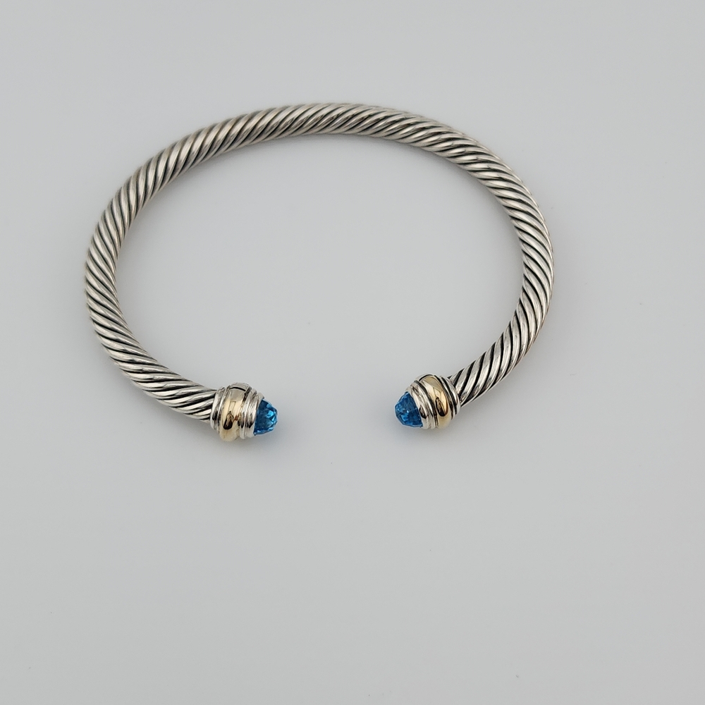 David Yurman 5mm Sterling Silver Cable  Bracelet With Blue Topaz & 14k Gold - Picture 4 of 4